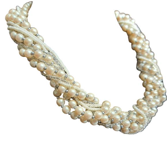 Women's 12 Layer Necklace Silver Tone Faux Pearls & Clear Beads 9.5 Inches - Picture 8 of 10